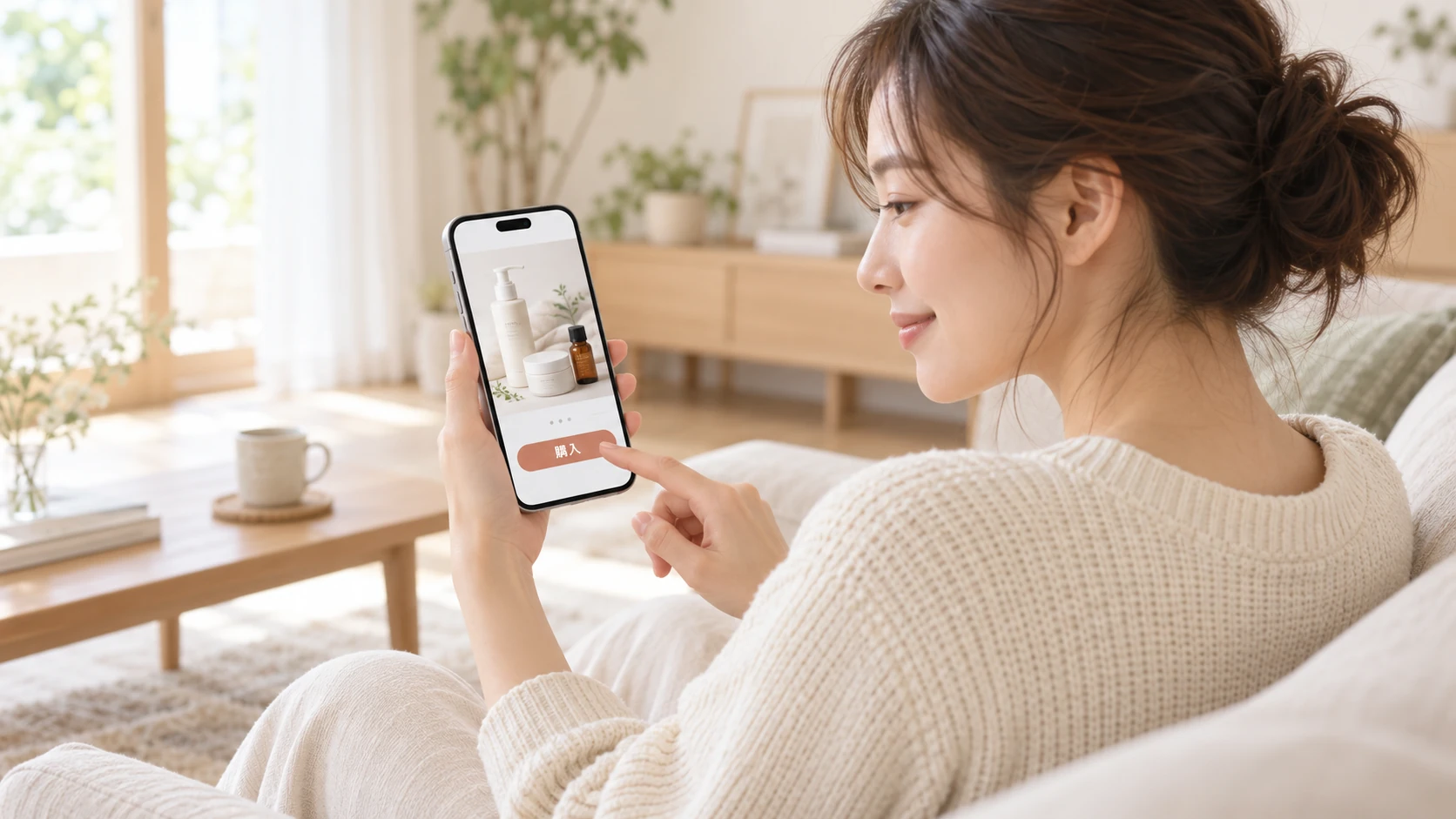スマートフォンの商品ページで購入ボタンを押す人物を表したイメージ。