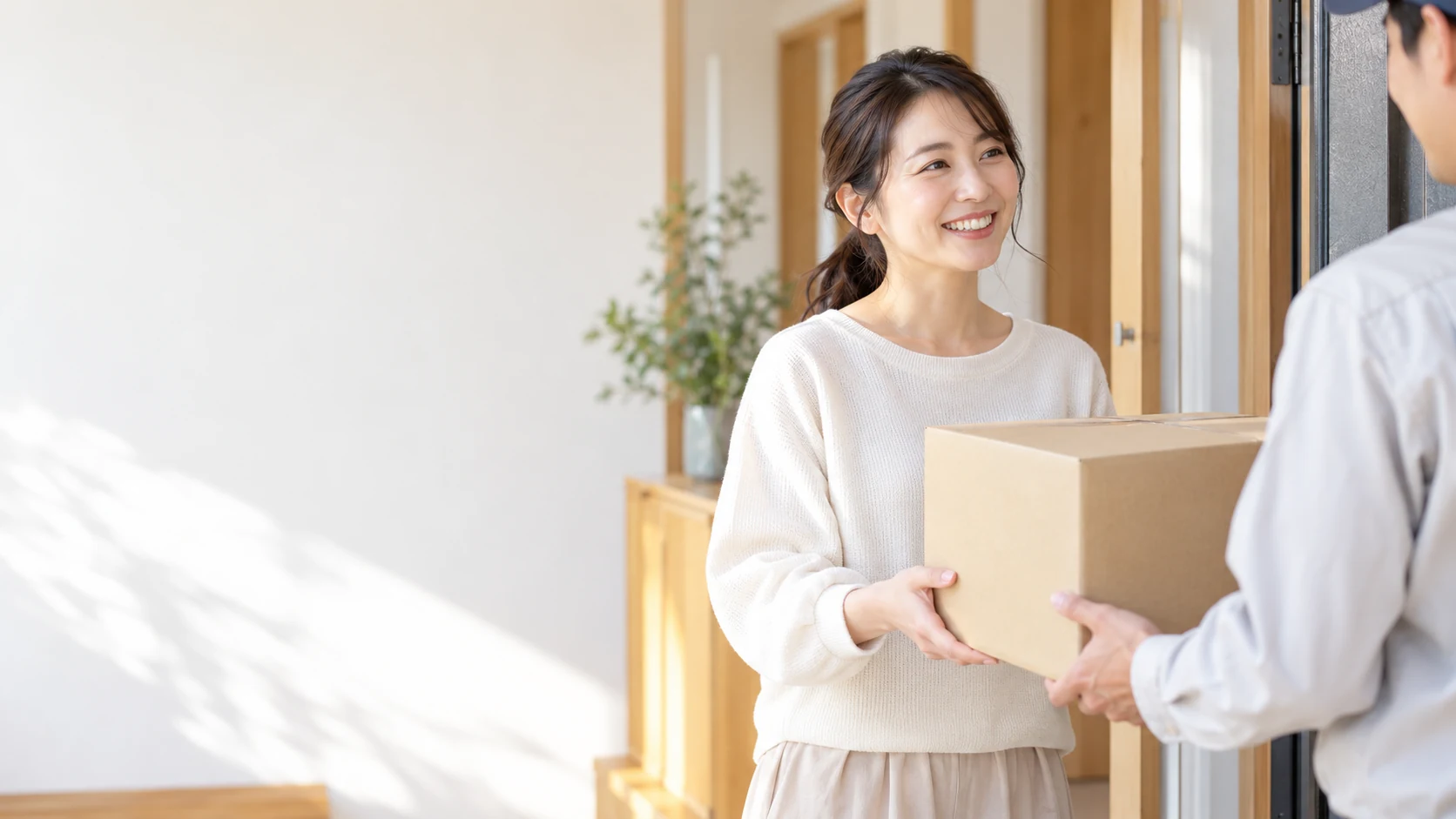 玄関で箱を受け取る様子を表したイメージ。